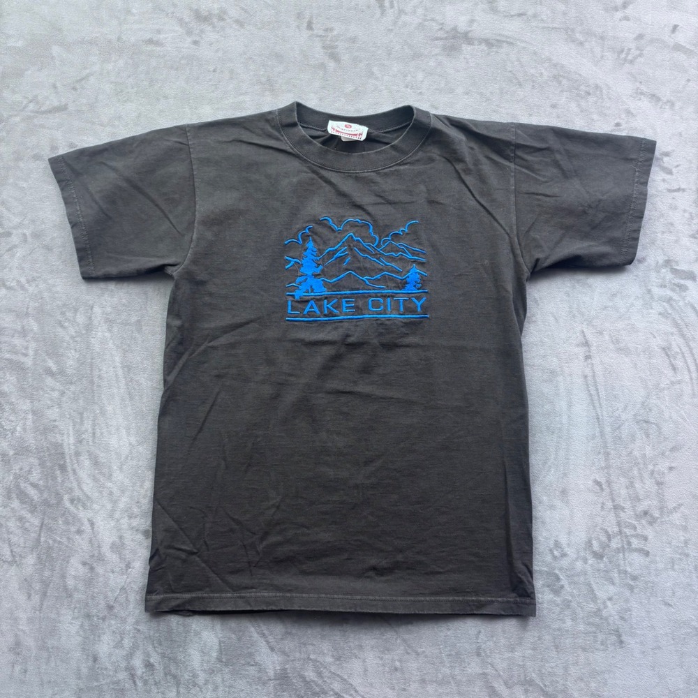 Vtg Time Square Sportswear Lake City T-Shirt M Black Blue Embroidered Mountains